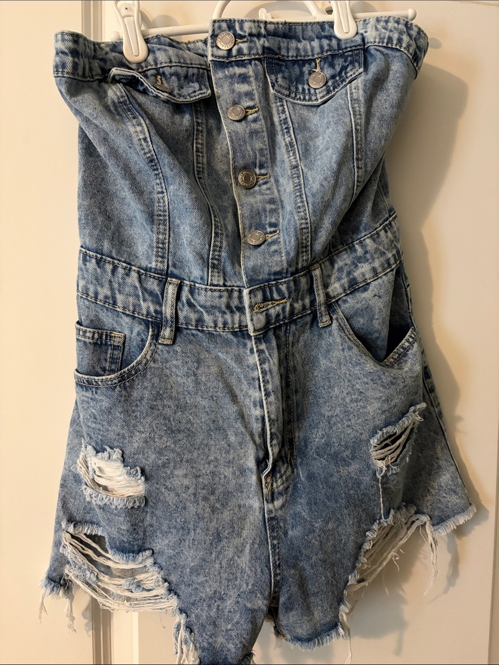 SHEIN Light Blue Distressed Denim Strapless Romper